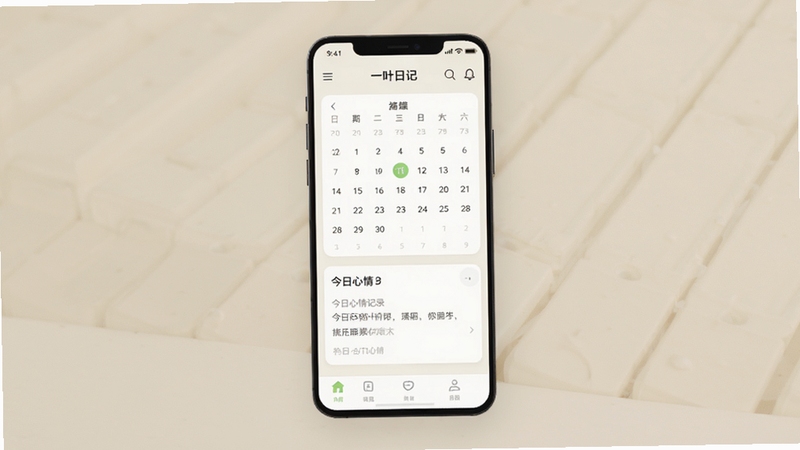 一叶日记安卓手机端主界面预览图,画面主体为一部竖屏智能手机,屏幕显示一叶日记应用首页,背景为浅米色极简风格,界面包含日历视图和今日心情记录卡片,光线柔和,UI设计干净清爽,居中构图,适配Boogu模型生成