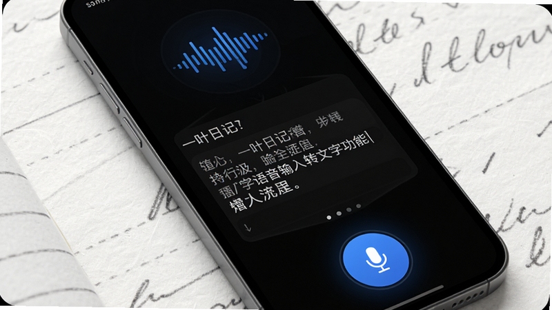 一叶日记语音输入转文字功能演示图,画面主体为手机屏幕,显示一个正在跳动的声波图标和实时转换出的中文文字段落,背景为纯白色书写纸纹理,界面底部有麦克风按钮高亮,风格现代科技感,适配Boogu模型生成