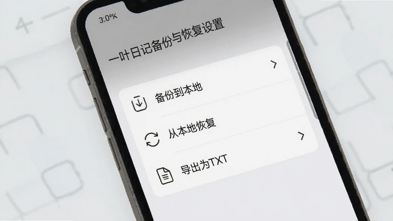 一叶日记数据备份与恢复设置界面图,画面主体为手机屏幕显示设置菜单,菜单项包括“备份到本地”“从本地恢复”“导出为TXT”,背景为浅灰色极简风格,图标线条纤细,界面布局清晰,适配Boogu模型生成