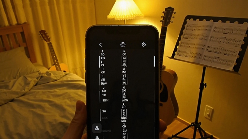 和弦吉他曲谱弹唱界面,手机屏幕上显示带和弦标记的歌词谱,背景为温馨的卧室角落,有一把吉他和乐谱架,暖黄色灯光营造出轻松的练习氛围