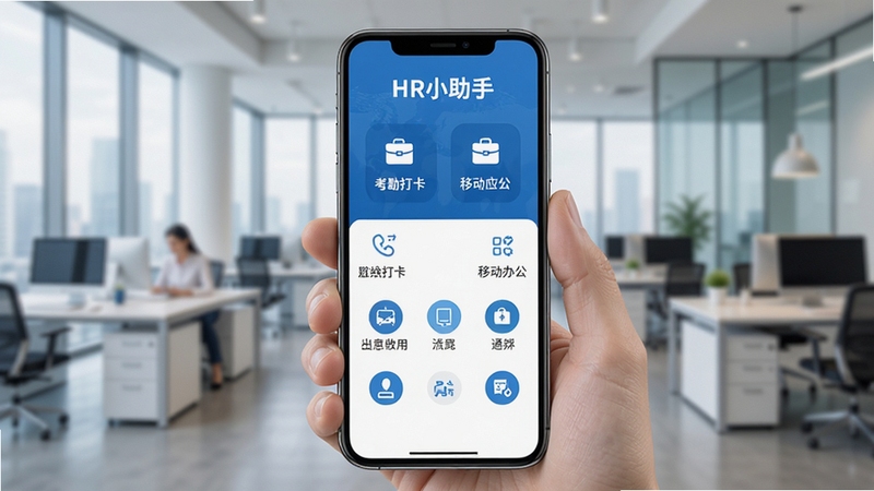 HR小助手 软件主界面 考勤打卡 移动办公应用 手机屏幕展示 蓝色商务风格 功能图标排列整齐 背景为现代办公场景