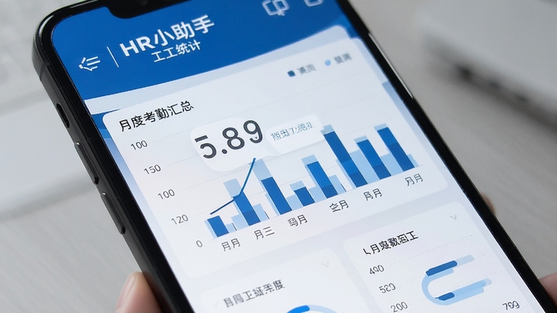 HR小助手 工时统计页面 数据图表展示 月度考勤汇总 手机屏幕特写 商务蓝配色 数字清晰