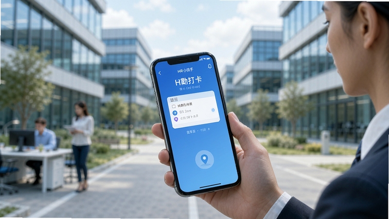 HR小助手 考勤打卡界面 手机定位签到 办公园区背景 员工使用手机打卡 蓝色调 简洁UI设计