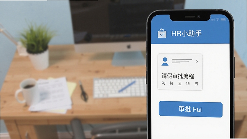 HR小助手 请假审批流程 手机界面 审批按钮 办公桌背景 简洁扁平化设计 蓝色主色调