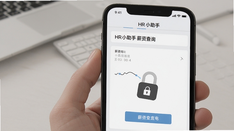 HR小助手 薪资查询界面 手机屏幕 个人信息管理 安全锁图标 商务风格 浅色背景