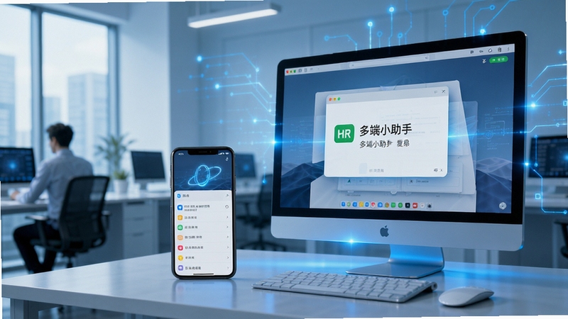 HR小助手 多端同步 手机与电脑 消息提醒弹窗 现代办公环境 科技感 蓝色光效