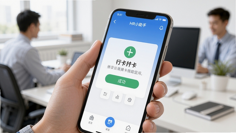 HR小助手 移动端操作界面 打卡成功提示 手机握持特写 办公场景 清晰明亮