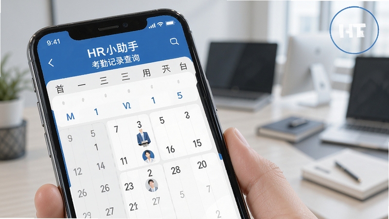 HR小助手 考勤记录查询界面 手机屏幕 日历视图 打卡明细 蓝色商务风格
