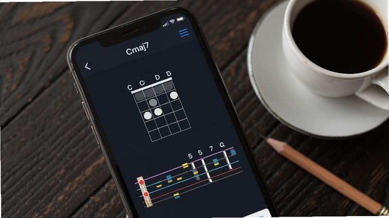���Ҽ���APP���Ҳ�ѯ������д���ֻ���Ļ����ʾCmaj7���ҵ�ָ��ͼ���������ϱ�ע��Ʒλ����ָ��ţ�����Ϊ��ɫľ�����棬�Ա߷���һ�����Ⱥ�һ֧Ǧ�ʣ�������������������ѧϰ����