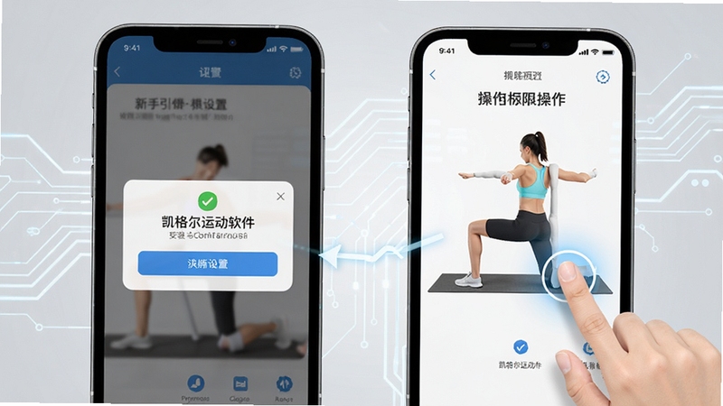凯格尔运动软件安装与权限设置示意图,手机屏幕显示权限弹窗与训练界面,旁边有手指点击操作的示意,背景为浅灰色科技感线条,突出新手引导与操作便捷性