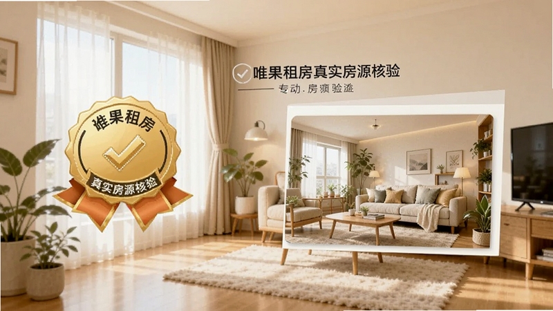 唯果租房 真实房源核验 界面 展示 认证徽章 和 房源实拍图 明亮室内 温馨风格