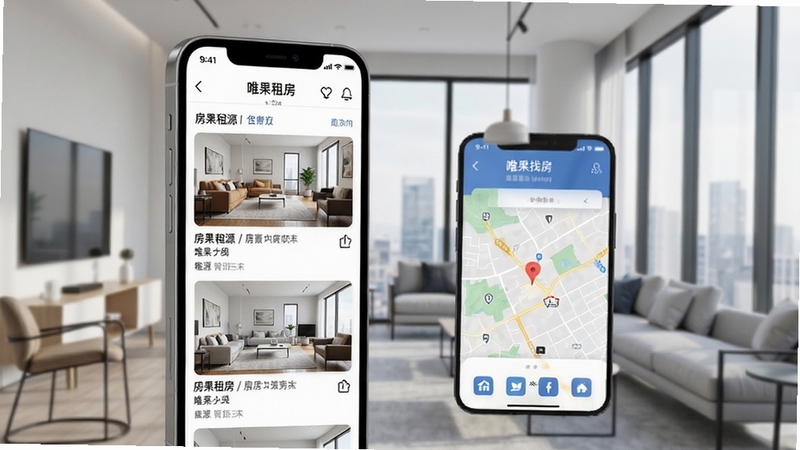 唯果租房 手机应用界面 展示 房源列表 地图找房 功能 现代都市公寓背景 极简风格 高清渲染