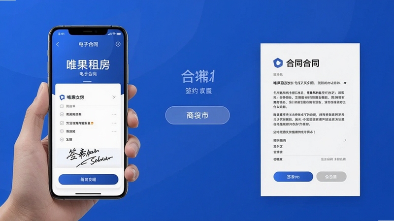 唯果租房 电子合同 签约 界面 展示 手机签名 和 合同文档 商务风格 蓝色背景