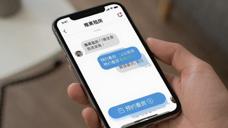 唯果租房 在线聊天 界面 展示 对话气泡 预约看房 按钮 手机界面 简洁设计