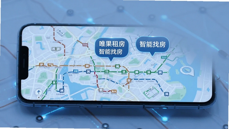 唯果租房 智能找房 地图模式 展示 地铁线路 房源气泡 手机屏幕 科技感 蓝色调