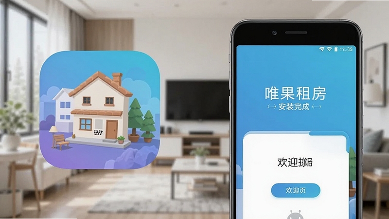 唯果租房 安卓手机 安装完成 界面 展示 图标 和 欢迎页 现代家居背景