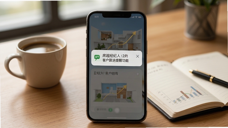 房超经纪人客户跟进提醒功能展示,画面主体为手机屏幕弹出日程提醒通知,背景为办公桌上一杯咖啡与笔记本,整体风格商务温馨,体现房超经纪人助力高效工作的氛围