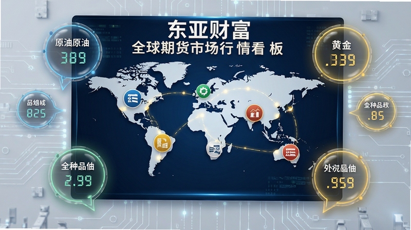 东亚财富 全球期货市场行情看板 画面中央为世界地图与各交易所图标 周围环绕原油黄金等品种报价气泡 背景为浅灰色科技纹理 突出全球化数据覆盖