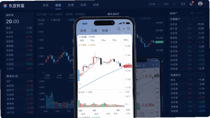 东亚财富 应用主界面 背景为深蓝色金融数据大屏 前景居中展示手机屏幕内行情K线图与报价列表 整体风格专业简洁 科技感强 适配Boogu模型生成
