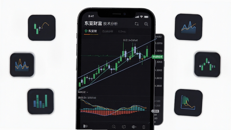 东亚财富 技术分析界面 手机屏幕显示K线图叠加MACD指标与趋势线 背景为深色交易软件风格 屏幕周围漂浮多个技术指标图标 体现专业分析功能
