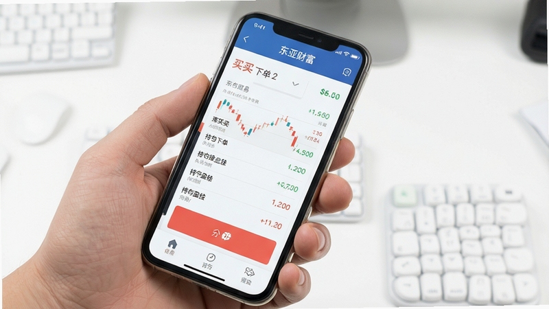 东亚财富 模拟交易面板 手机屏幕显示买卖下单界面与持仓盈亏列表 背景为简洁白色调 突出交易练习场景 画面明亮清晰