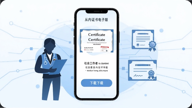 社会工作者应用内证书电子版下载页面截图风格插画,手机屏幕显示电子证书预览和下载按钮,旁边有社工人物剪影和证书图标,背景为浅蓝色科技感线条,整体明亮清晰