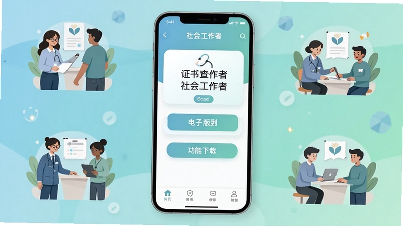 一款名为社会工作者的手机应用主界面展示,画面中央是手机屏幕,屏幕内显示证书查询与电子版下载功能入口,背景为柔和的蓝绿色渐变,周围点缀社工服务场景的简约插画元素,整体风格清新专业,适配Boogu模型生成