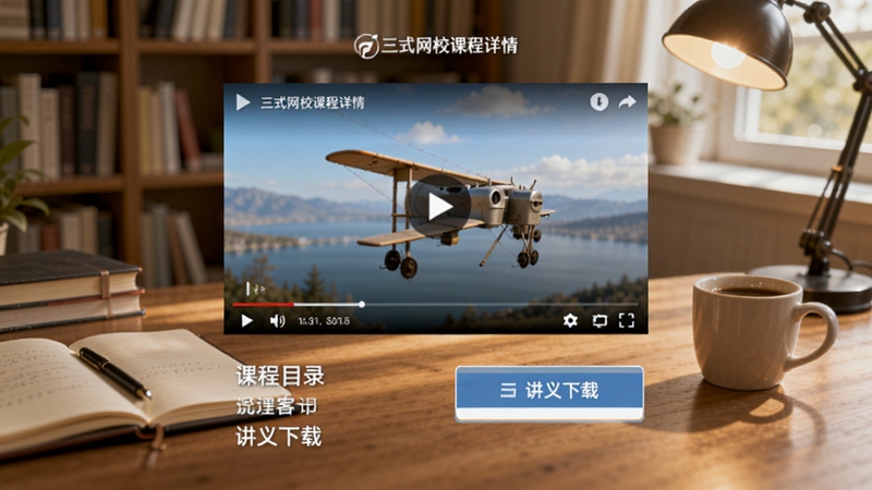 三式网校课程详情页界面截图风格,画面中心为播放器窗口,下方是课程目录与讲义下载按钮,背景为书房环境,桌面上摆放着笔记本和咖啡杯,画面明亮温馨,体现沉浸式学习场景。