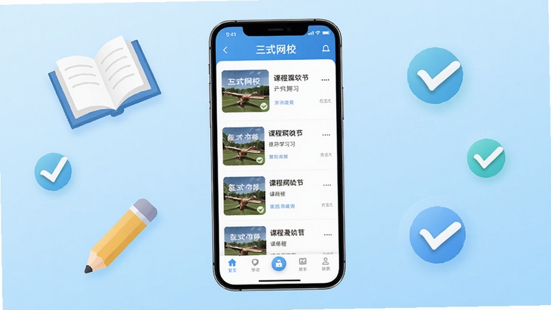 三式网校软件主界面展示,画面中央为手机屏幕,屏幕内呈现课程列表与底部导航栏,背景为浅蓝色渐变,周围点缀书本、铅笔与对勾图标,整体风格清新简洁,突出在线学习氛围。