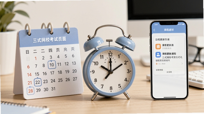 三式网校考试资讯页面示意图,画面以日历和闹钟为主元素,旁边有手机显示课程更新通知,背景为简洁的办公桌,色彩柔和,强调提醒与规划功能。