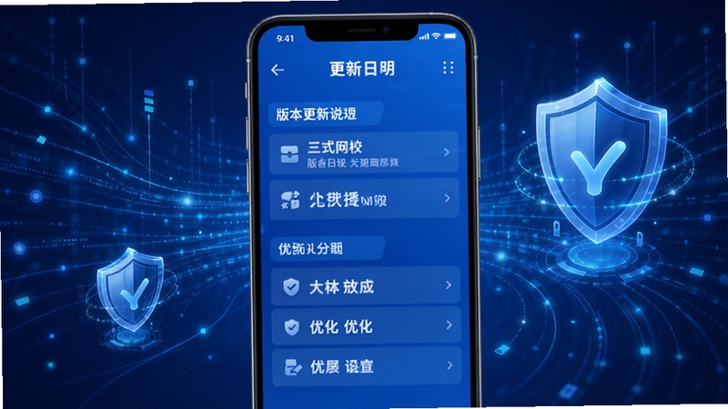 三式网校版本更新说明示意图,画面以手机屏幕为中心,屏幕显示版本更新日志和优化条目,背景为抽象的数据流线条与盾牌图标,象征安全与升级,整体色调为科技蓝。