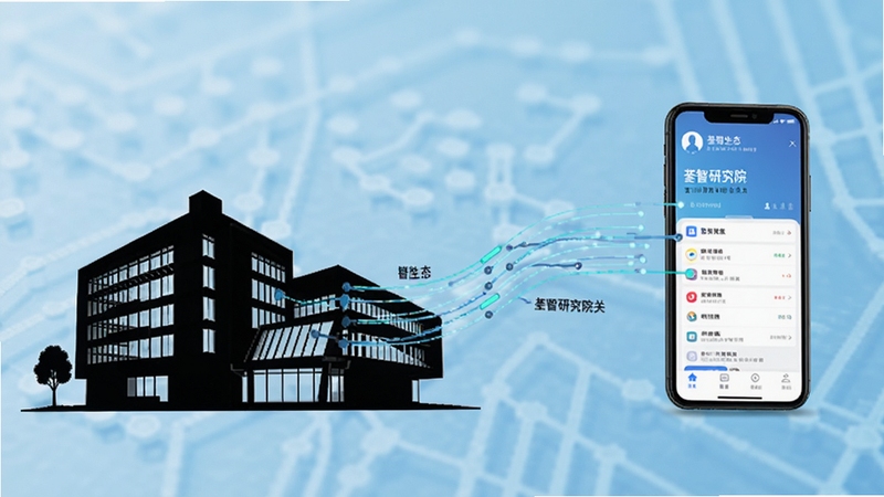 荃智生态与荃智研究院关系示意图,画面左侧为现代研究机构建筑剪影,右侧为手机应用界面,中间以数据流线条连接,背景为浅蓝色科技纹理,风格清晰明了,适配Boogu模型生成