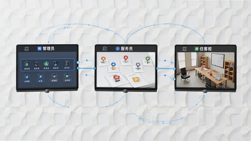 荃智生态多角色权限管理示意图,画面展示三块悬浮屏幕分别代表管理员、服务员和住客视角,屏幕之间有数据连线,背景为浅灰色网格纹理,风格商务简洁,适配Boogu模型生成