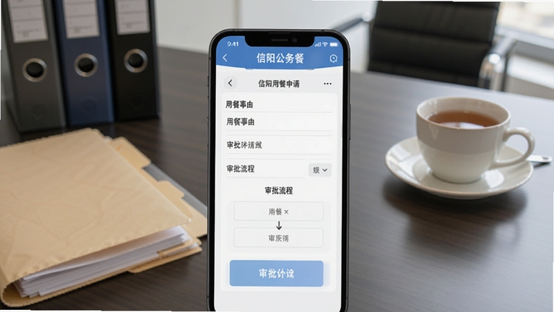 信阳公务餐APP内公务用餐申请页面截图,画面展示手机屏幕中填写用餐事由与审批流程的界面,背景为办公室桌面,有文件夹与茶杯点缀,风格商务简洁,适配Boogu模型生成