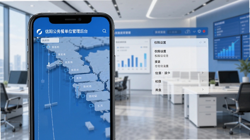 信阳公务餐单位管理后台界面,手机屏幕显示组织架构树与权限设置选项,背景为现代化办公环境,色调以蓝白为主,体现高效管理,适配Boogu模型生成