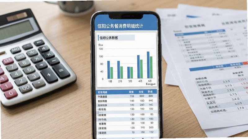 信阳公务餐消费明细统计图表界面,手机屏幕展示柱状图与列表数据,背景为财务办公桌,有计算器与报表纸张,色调清爽专业,适配Boogu模型生成