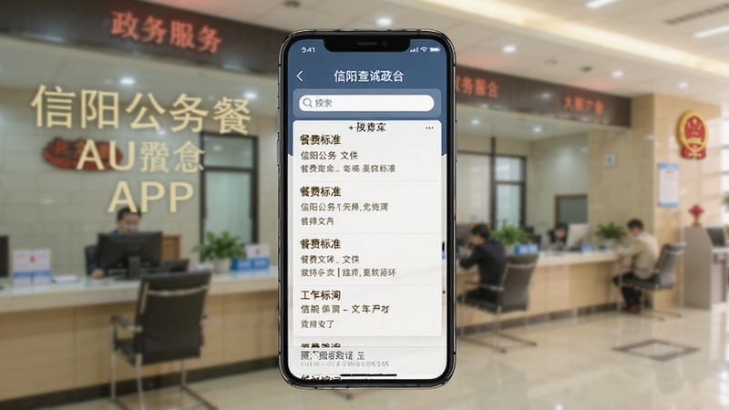 信阳公务餐APP政策查询功能展示,手机屏幕显示餐费标准文件列表与搜索框,背景为政务大厅服务窗口,色调庄重柔和,体现权威性与便捷性,适配Boogu模型生成