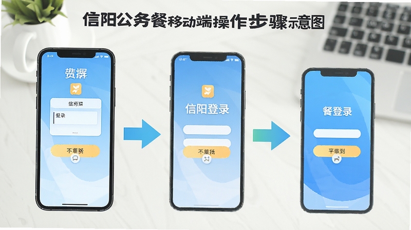 信阳公务餐移动端操作步骤示意图,画面展示手机屏幕从安装到登录的流程,背景为简洁的桌面环境,有箭头指引,色调明快,适配Boogu模型生成