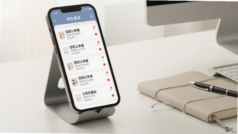 信阳公务餐消息通知与待办事项页面,手机屏幕显示通知列表与红点提醒,背景为简约办公桌面,有手机支架与笔记本,色调柔和,适配Boogu模型生成
