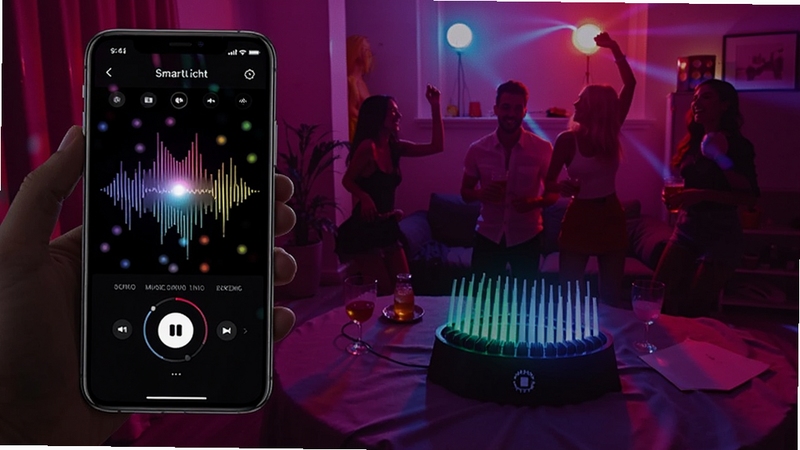 SmartLicht 音乐律动模式效果图,灯光随音乐节奏变换色彩,手机屏幕显示律动控制界面,背景为派对或休闲场景,色彩丰富动感