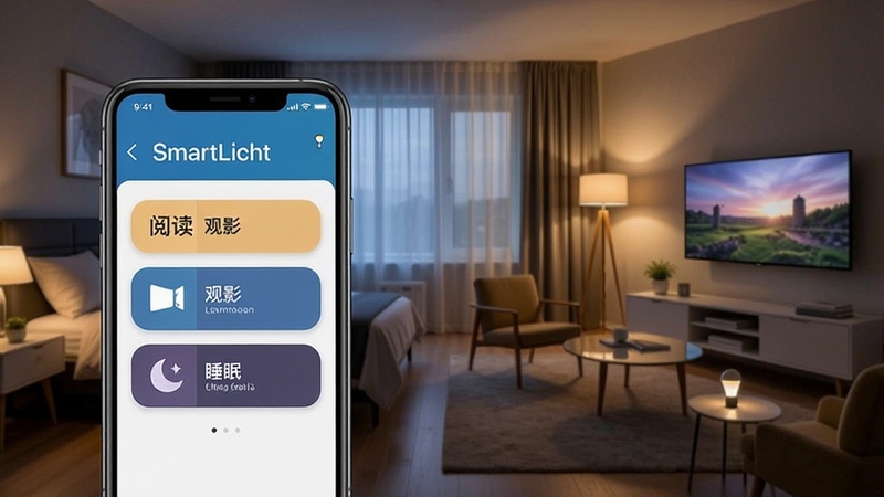 SmartLicht 场景模式切换功能展示,手机界面显示阅读、观影、睡眠等场景按钮,背景为卧室与客厅灯光变化对比,突出智能联动效果