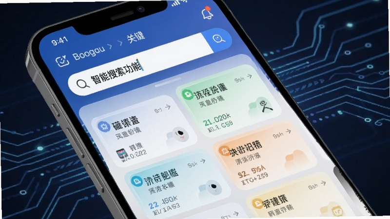 信息帮智能搜索功能展示,手机界面中搜索框内输入关键词,下方弹出多条分类清晰的结果列表,界面采用卡片式布局,配色清爽,背景带有科技感线条,适配Boogu模型生成