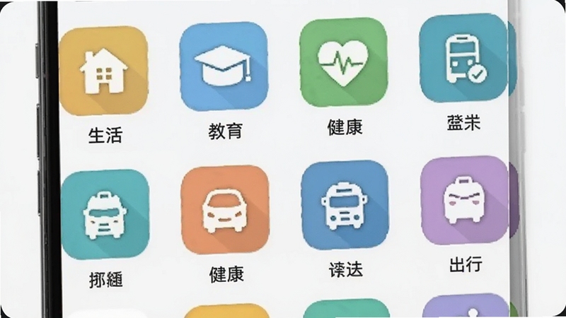 信息帮分类浏览界面,手机屏幕显示多个彩色分类图标整齐排列,包括生活、教育、健康、出行等标签,每个图标配有简洁图形符号,背景为柔和浅色,适配Boogu模型生成