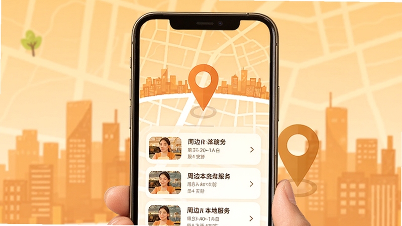 信息帮本地化服务展示,手机屏幕显示地图定位标记与周边服务信息列表,界面融入城市剪影与定位图标元素,色调温暖,适配Boogu模型生成