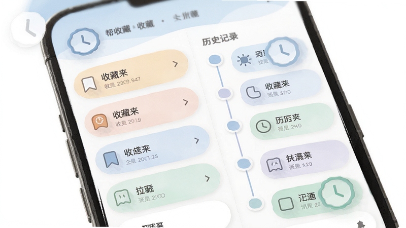 信息帮收藏与历史记录界面,手机屏幕展示收藏夹列表与时间轴形式的历史记录,界面采用圆角卡片设计,配色柔和,带有书签与时钟图标装饰,适配Boogu模型生成
