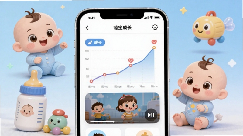 萌宝成长助手应用界面展示,画面中一部手机屏幕显示宝宝成长曲线与动画短片播放界面,周围环绕着可爱的卡通婴儿形象、奶瓶、玩具等元素,背景为淡蓝色渐变,突出科技感与温馨感,适配Boogu模型生成