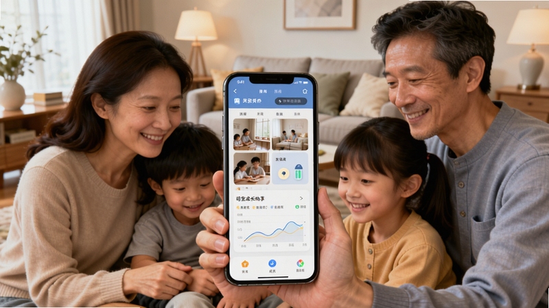 萌宝成长助手多成员共享功能示意图,画面中多位家庭成员围绕一部手机,手机屏幕显示共享相册与成长数据,背景为家庭客厅场景,色调明亮温馨,突出家庭协作与数据同步,适配Boogu模型生成