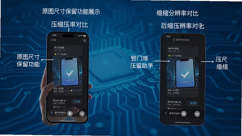图片压缩助手 原图尺寸保留功能展示 压缩前后分辨率对比 背景为科技蓝 手机界面 清晰文字标注