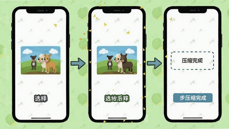 图片压缩助手 操作步骤示意图 手机屏幕分步展示选择图片到压缩完成 背景为浅绿色 教学风格