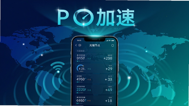 光锥加速智能节点优选功能展示图,画面主体为手机屏幕显示多条线路测速数据与延迟数值,背景区域为抽象地图与信号波纹,光锥加速字样悬浮于画面顶部,整体色调为深蓝与青绿渐变,科技感强烈